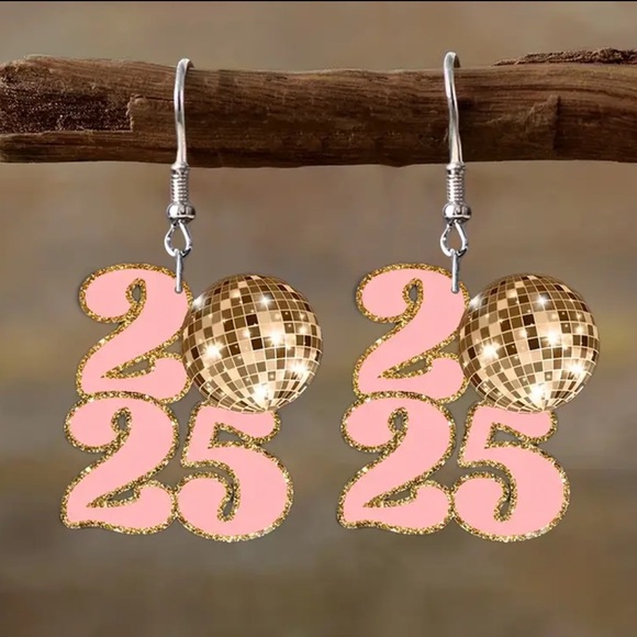 2025 Elegant New Years Drop Earrings, Disco Ball Charm, Wooden Dangle, NEW - Picture 1 of 7